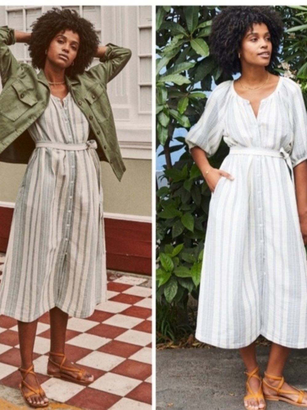 Faherty Ivory and Green Striped Button-Front Midi Dress
